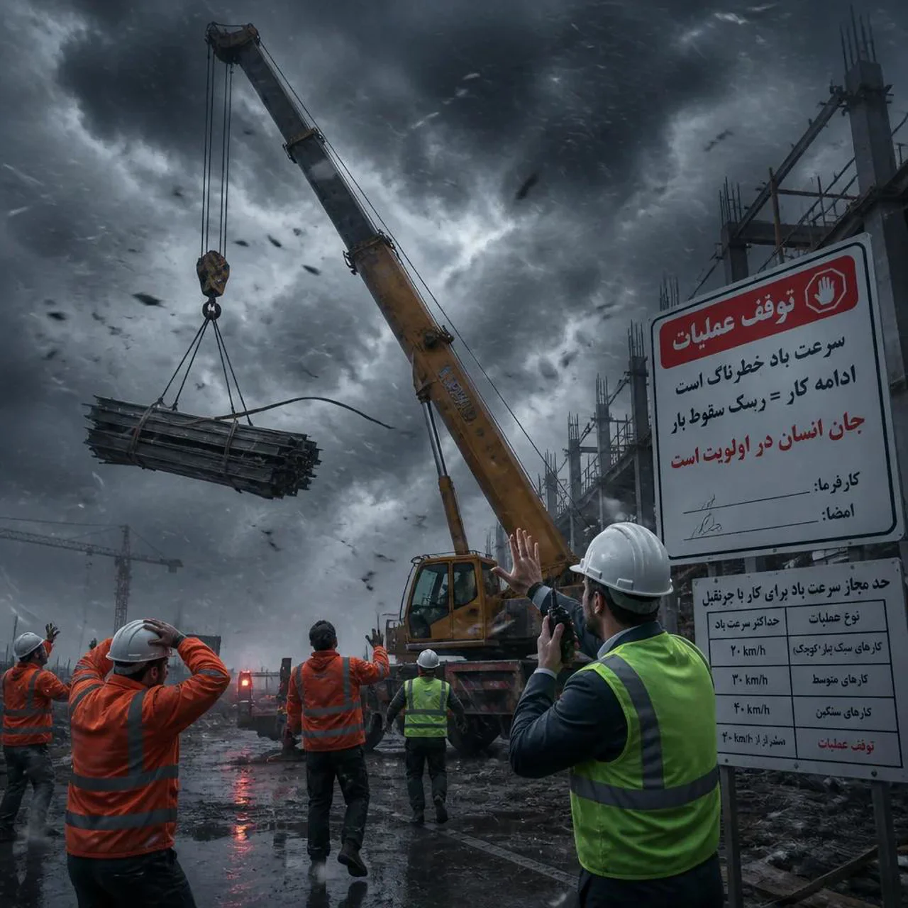 🏗️ حد مجاز سرعت باد برای کار جرثقیل | چه زمانی باید عملیات لیفت متوقف شود؟