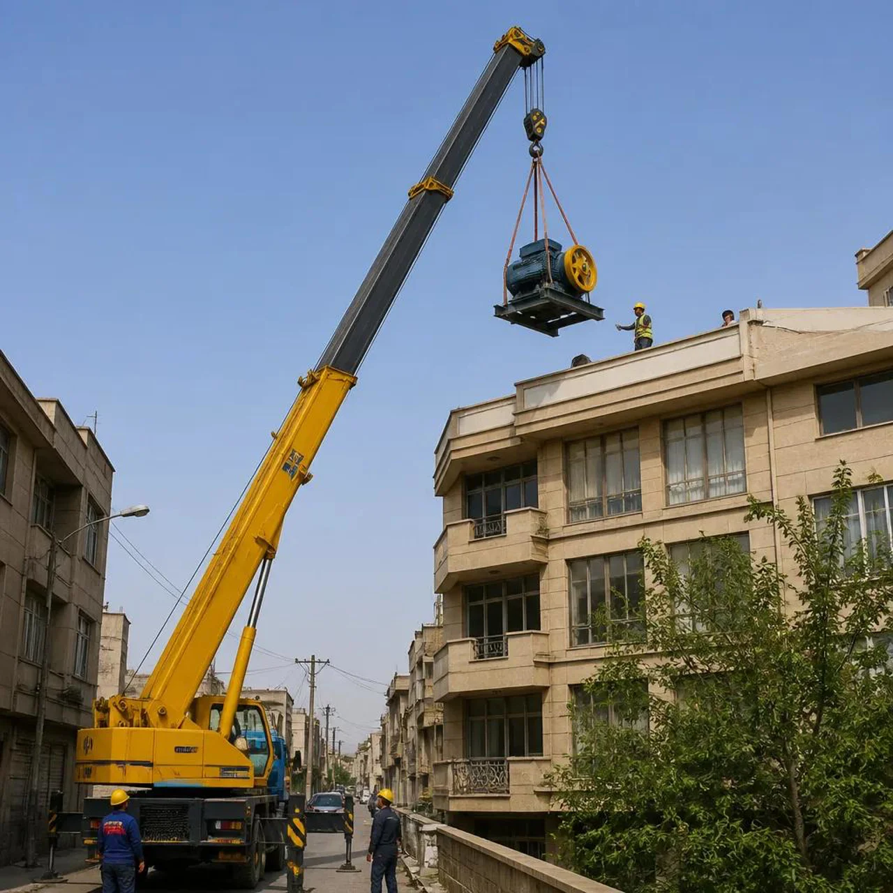 🏗️ حمل موتور آسانسور به موتورخانه با جرثقیل | جابه‌جایی ایمن موتور آسانسور به پشت‌بام